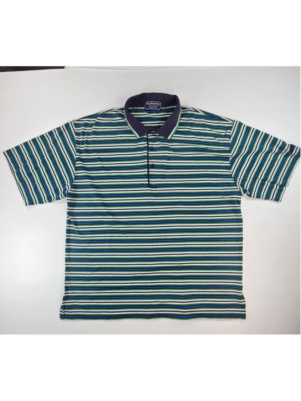 Vintage Burberrys Polo Shirt Mens L Made USA Striped Cotton Green Blue 90s